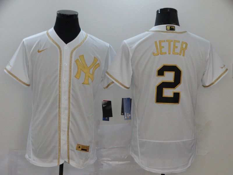 Men New York Yankees 2 Jeter White Retro gold character Nike MLB Jerseys